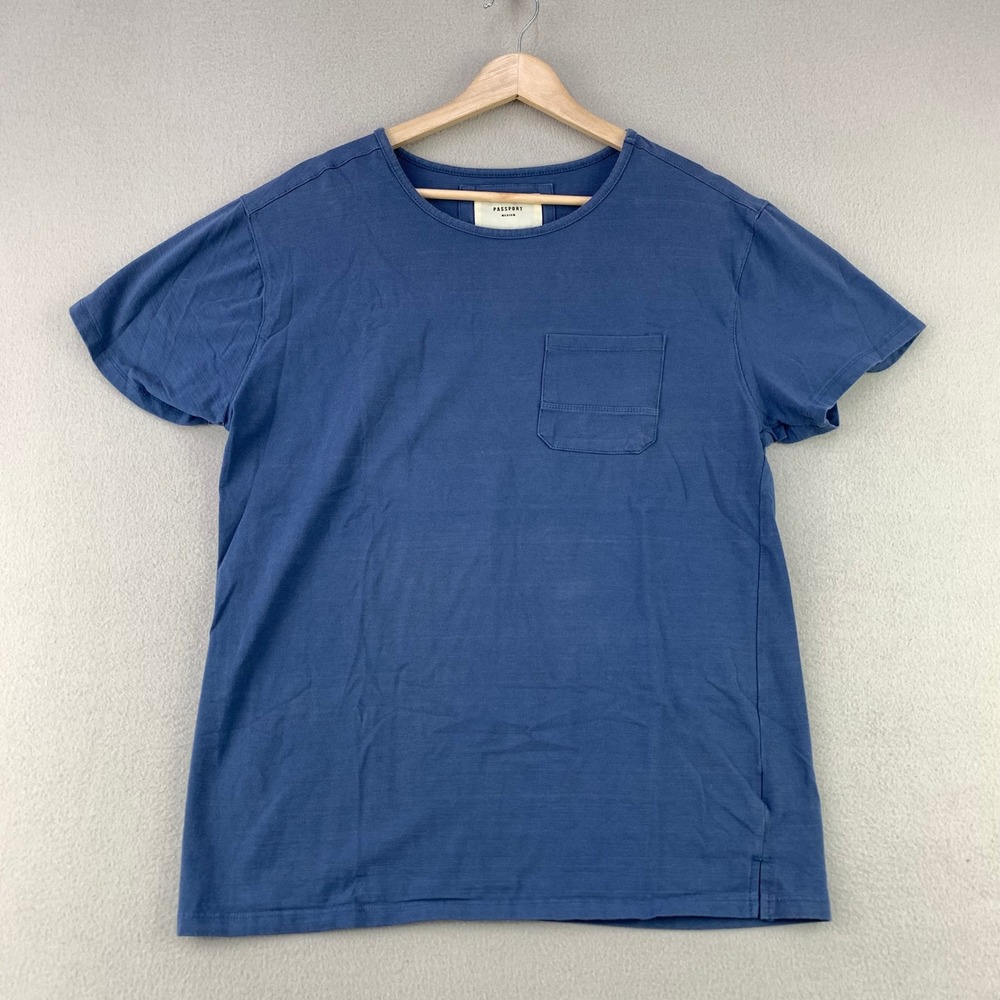 Passport Pocket Tee Mens Medium Blue Short Sleeve Faded T-Shirt Cotton Blend